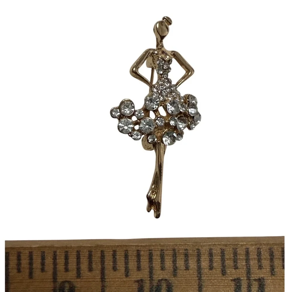 Vintage Gold Tone Ballerina Brooch Pin Rhinestone Ballet Dancer Recital Gift